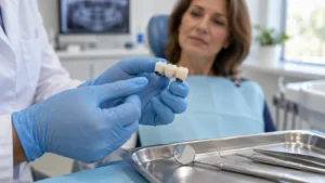 Dentist holding a small dental bridge restoration above a clinical tray