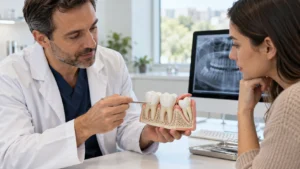 Infected Wisdom Tooth ? Dentist explaining the gum around a wisdom tooth using a tooth model