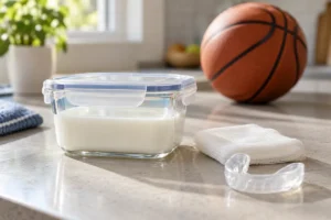 Illustrative dental first-aid supplies: a milk container, clean gauze and a sports mouthguard.
