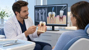 Dentist explaining root canal and extraction options with a tooth model