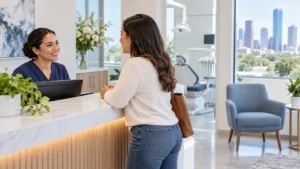 Patient discussing a same-day dental appointment with a clinic receptionist. Walk-In Dentist in Houston!