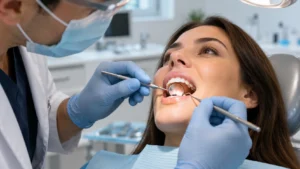 Dentist gently examining the gum around one tooth in a dental clinic