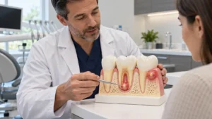 Dentist using a tooth and gum model to explain possible abscess locations