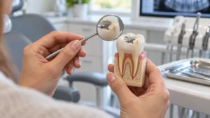Dental tooth model showing a small broken edge next to a filling