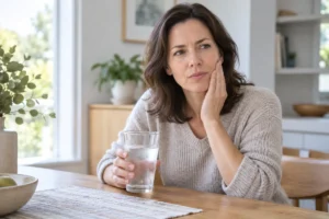 Illustrative scene of an adult noticing tooth sensitivity after a drink of cold water.