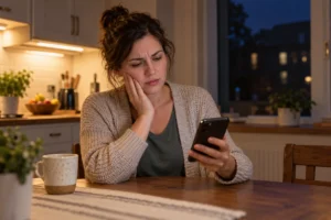 Illustration of an adult with tooth discomfort using a phone at home in the evening.