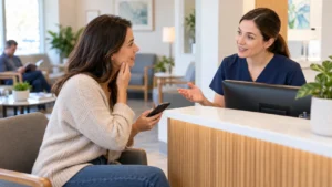 Patient speaking with a dental receptionist about urgent tooth infection symptoms