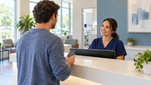 Patient arranging a weekend dental appointment at a clinic reception desk